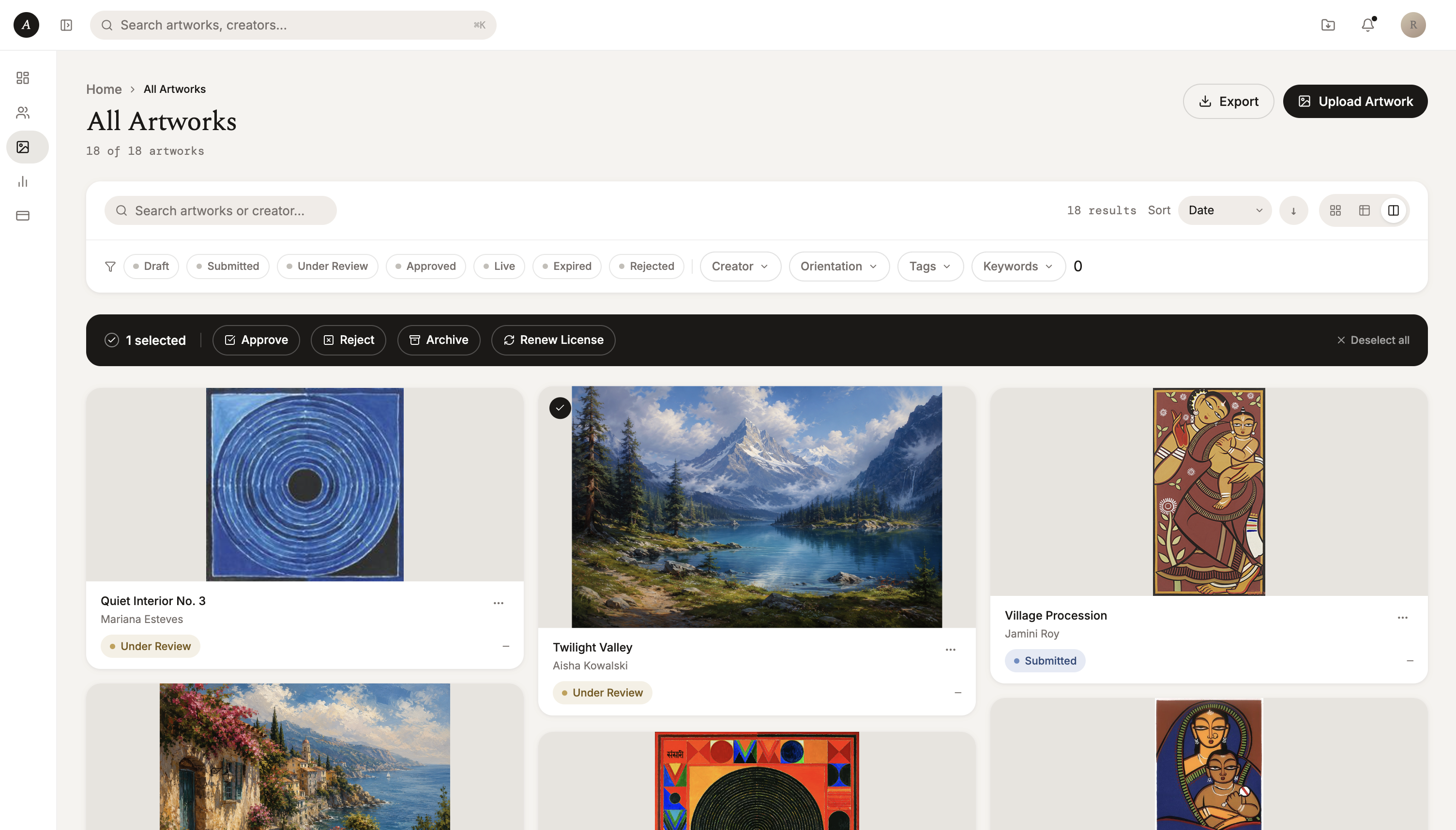 Selection on all artworks page.