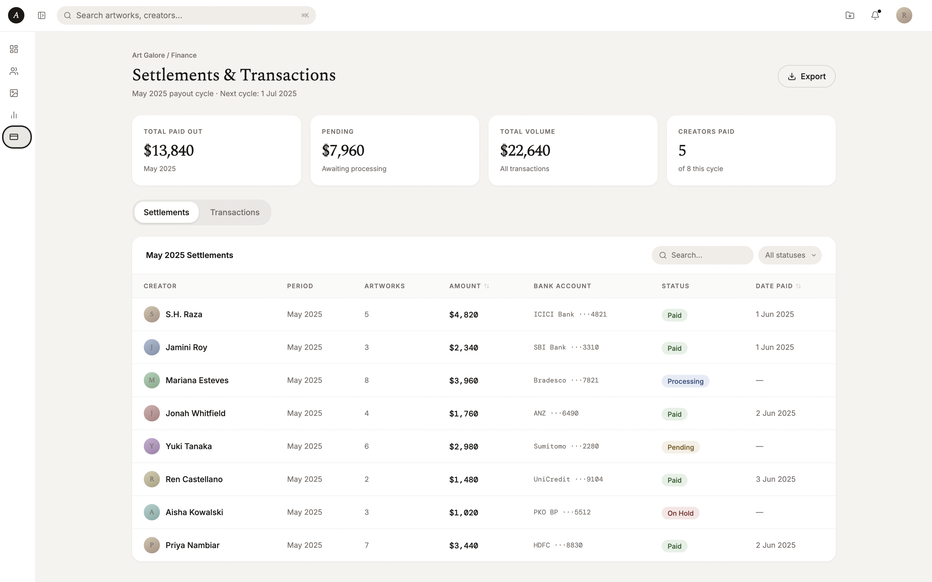 Settlements screen.